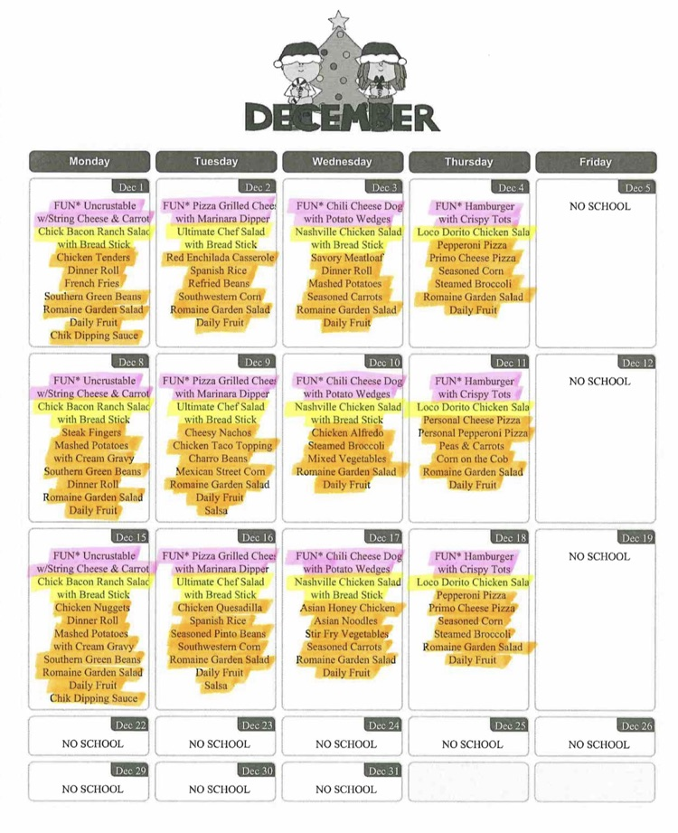 December Lunch Menu