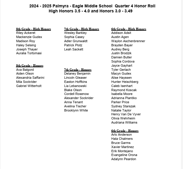 PEHS/MS Honor Roll