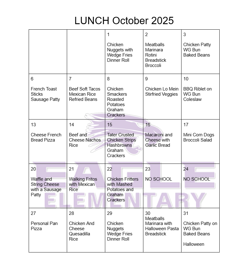 October Lunch Menu