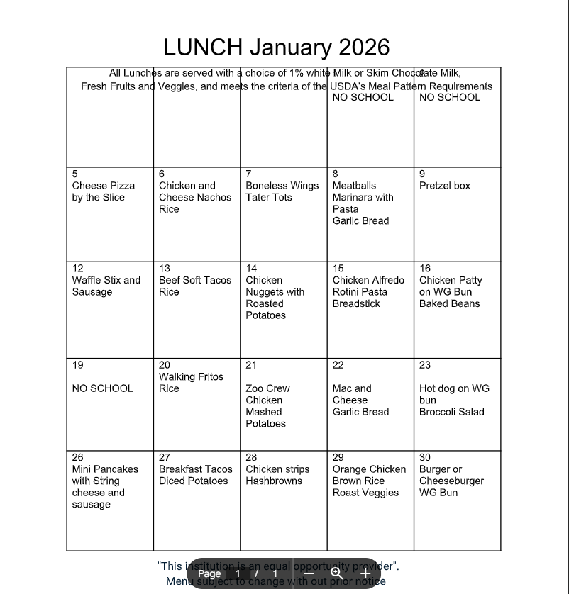 January Lunch Menu