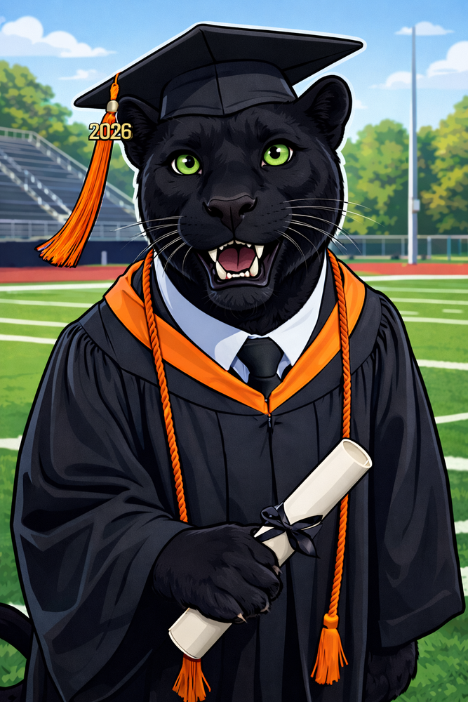 Panther wearing cap and gown with 2026 on tassel