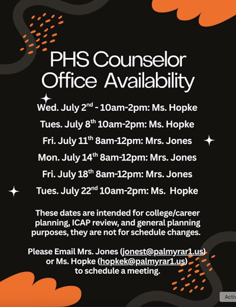 PHS Counselor Office hours for July 2025