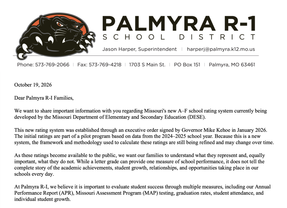Palmyra R-1 letter to families