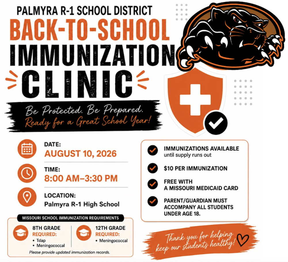 Back to school immunization clinic Palmyra High School, Monday August 10, 8 am - 3:30 pm