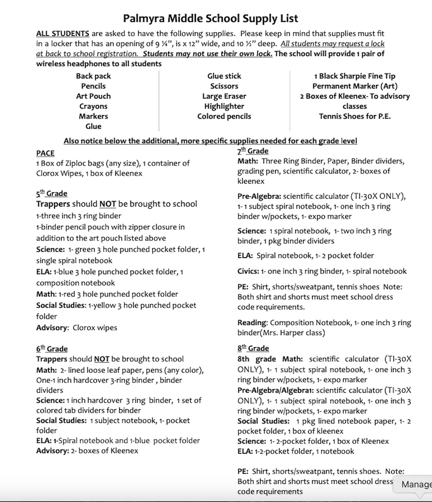 MS School Supply List