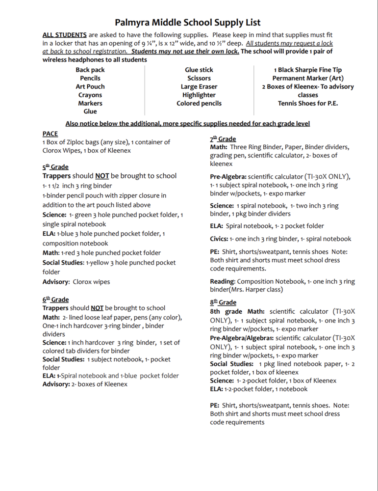 SCHOOL SUPPLY LIST