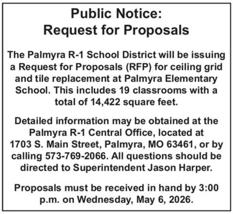 Public Notice - RFP, ceiling grid and tile replacement at PES