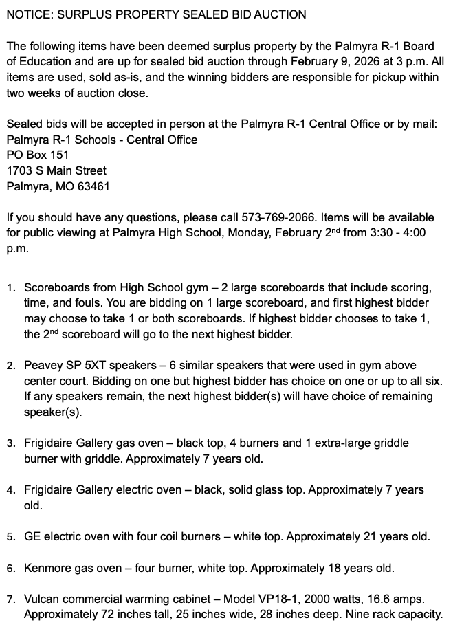 Surplus Property Sealed Bid Auction ends February 9th