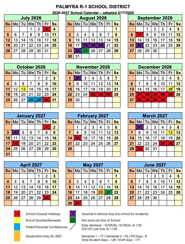2026-2027 Palmyra R-1 School District Calendar