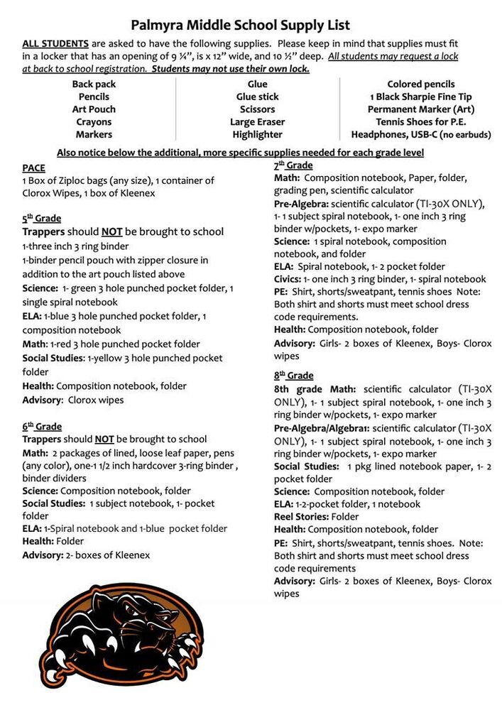 Palmyra Middle School Supply List