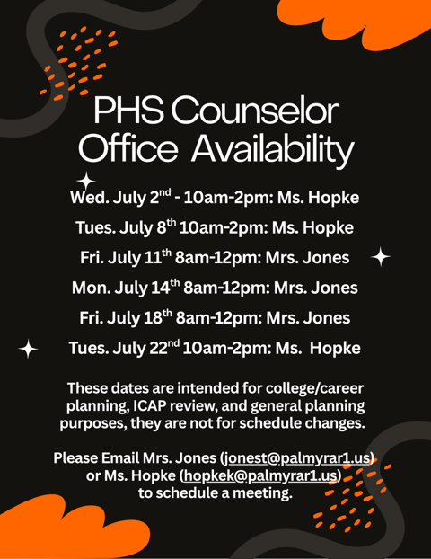 PHS Counselor Office hours for July 2025