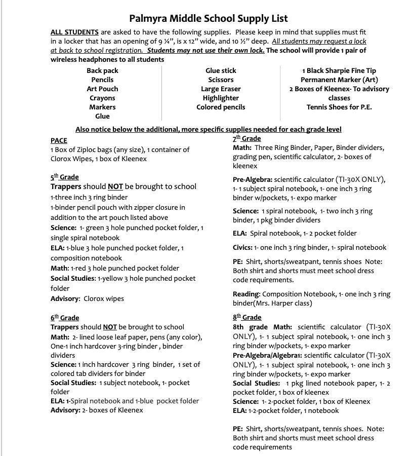 Palmyra Middle School supply list
