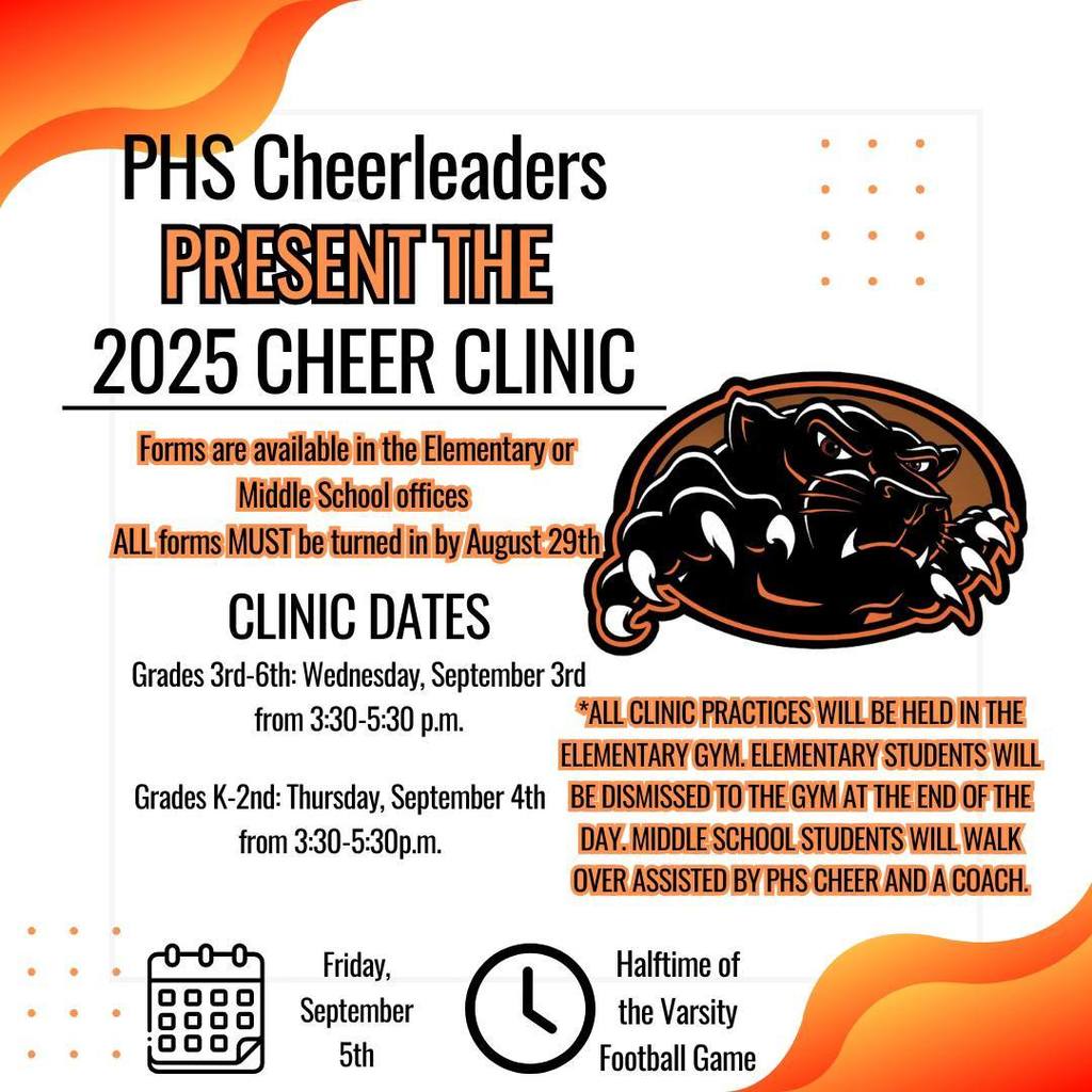 PHS 2025 Cheer Clinic Friday September 5th at halftime of varsity football game