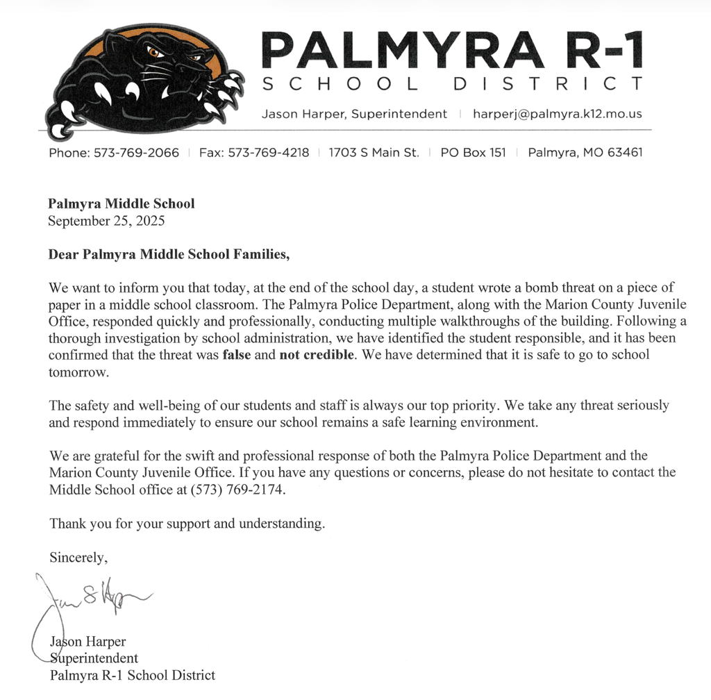 Palmyra Middle School FALSE bomb threat message
