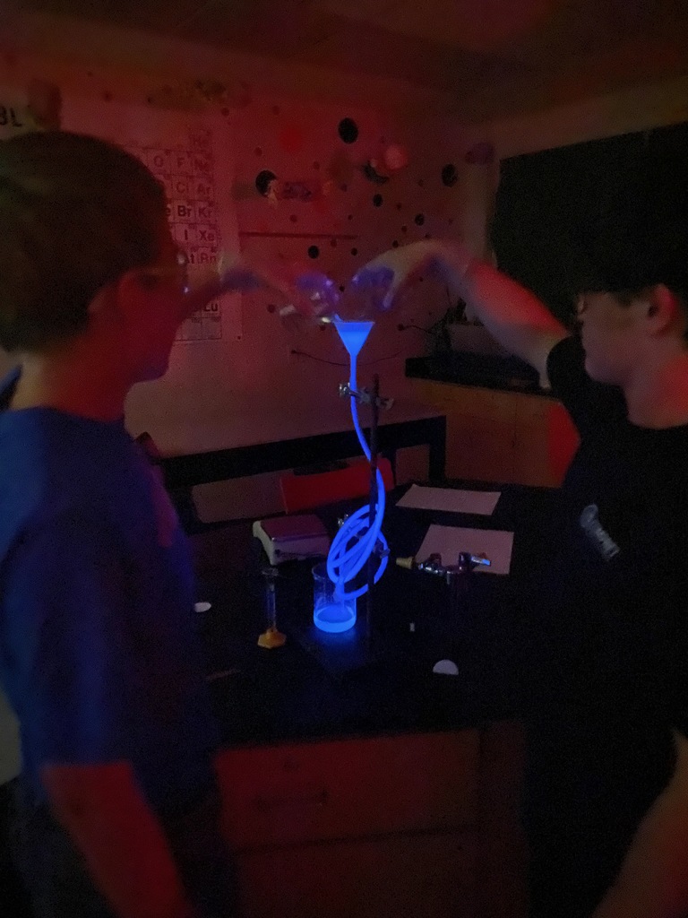 Chemistry students also observed the beautiful blue fluorescence of luminol as it was oxidized by hydrogen peroxide: