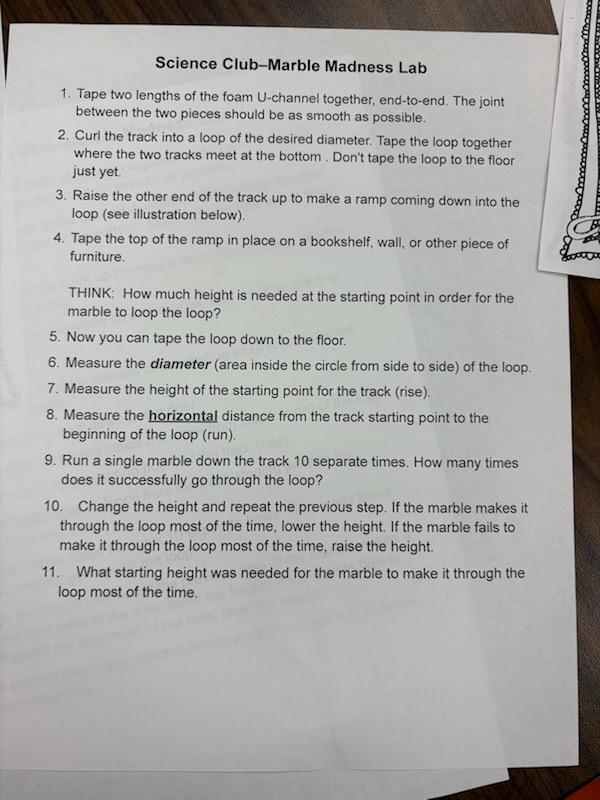 PES 4th grade science club meeting, learning about Marble Coasters