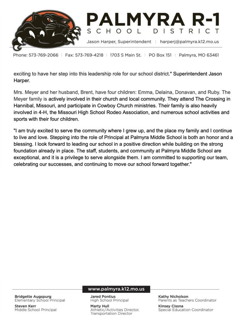 Palmyra R1 press release of new principal Kylee Meyer