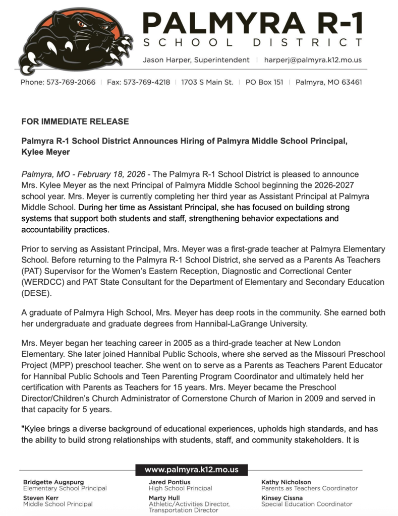 Palmyra R1 press release of new principal Kylee Meyer