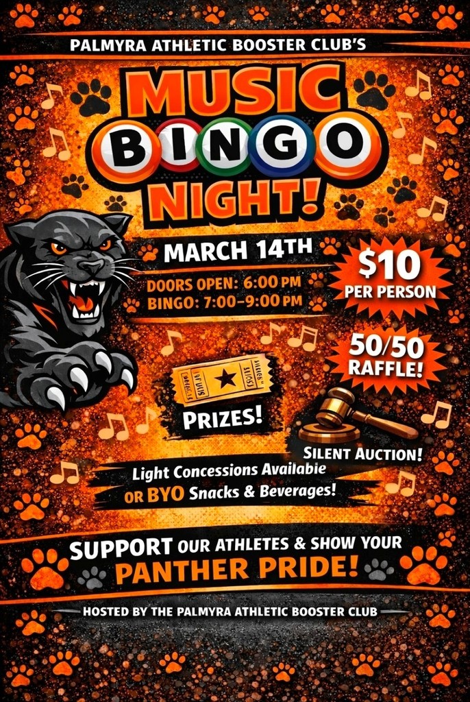 Palmyra Booster Club Music Bingo March 14th 6 - 9 pm