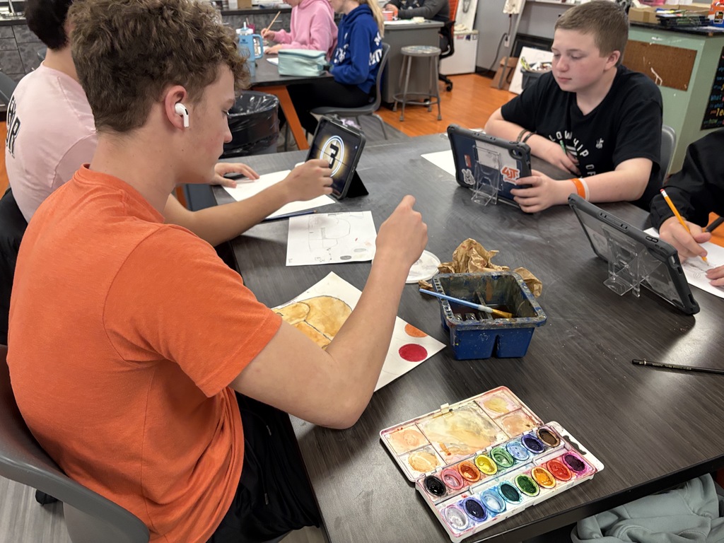 Intro to art high school students working on watercolor paintings
