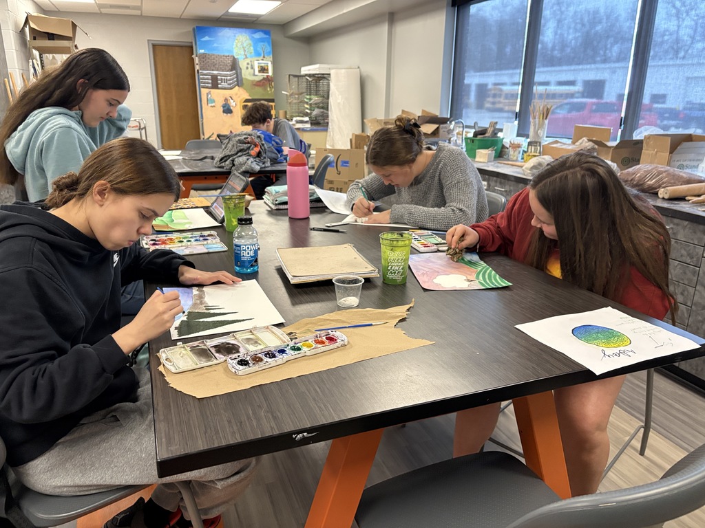 Intro to art high school students working on watercolor paintings