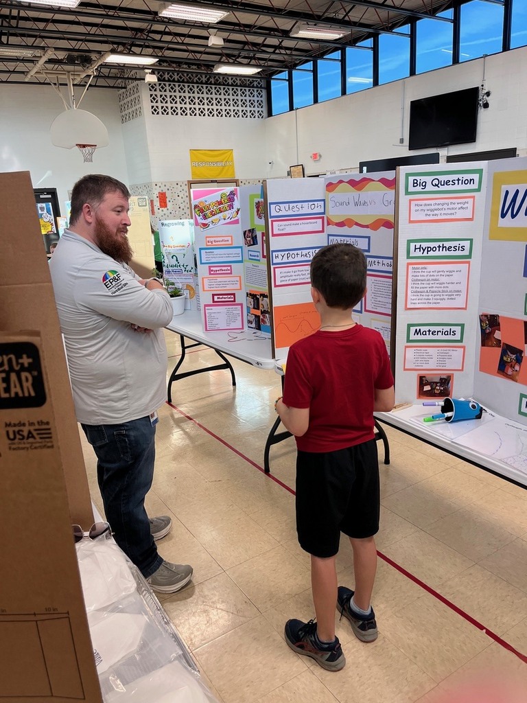Science fair judge discusses project with student