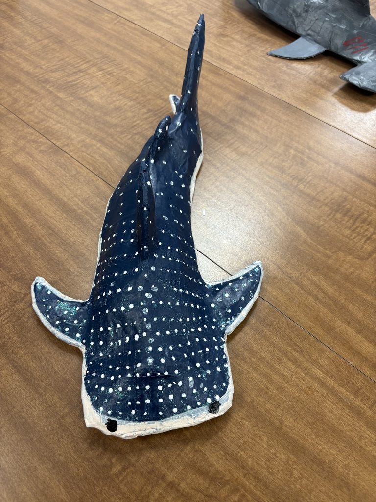 papier mache sharks created by earth science students