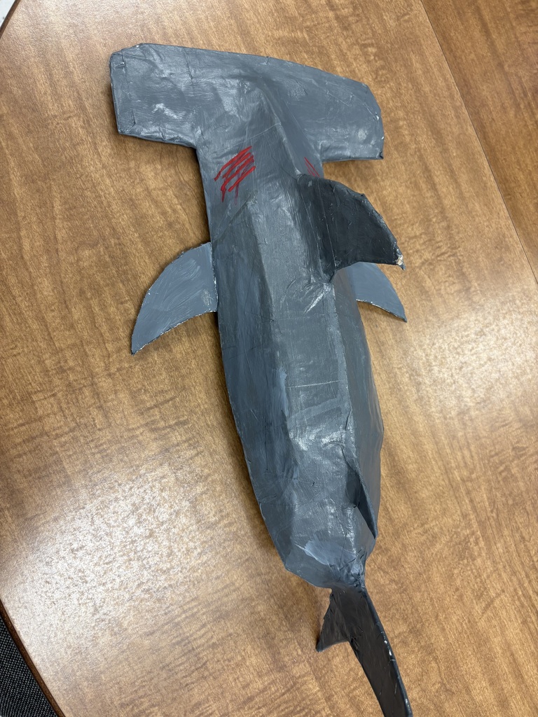 papier mache sharks created by earth science students