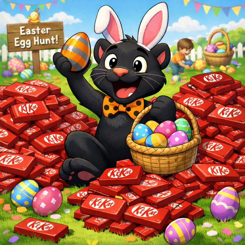 cartoon panther surrounded by chocolate candy bars at easter egg hunt