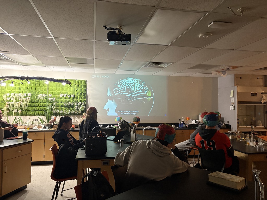 students in science class watch video about brains