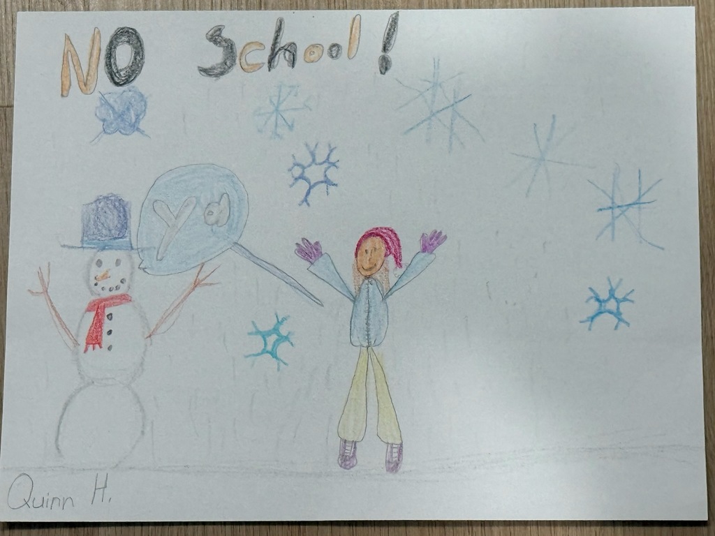 No school graphic, with snowman and student playing in snow