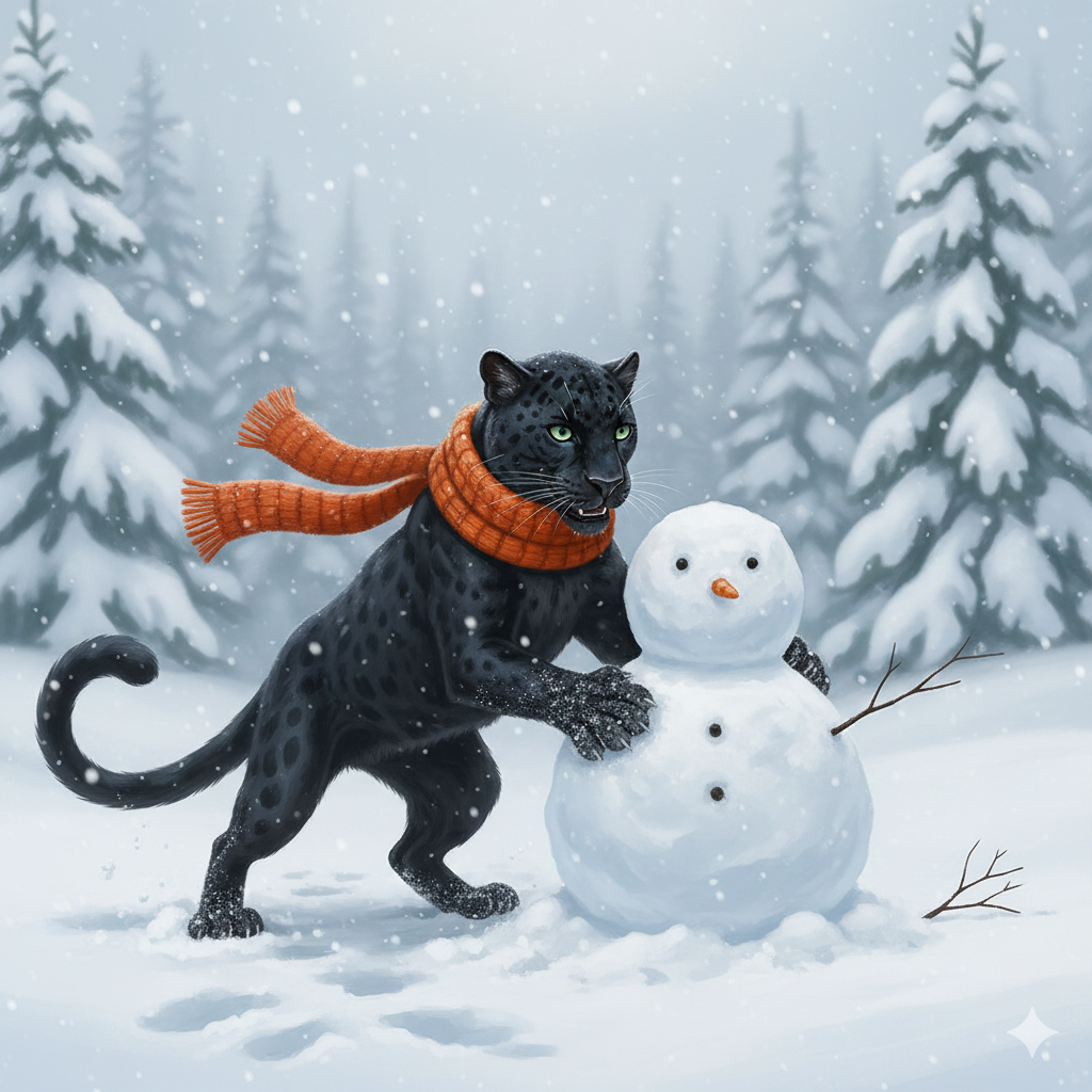 Snow day graphic, cartoon panther building a snowman
