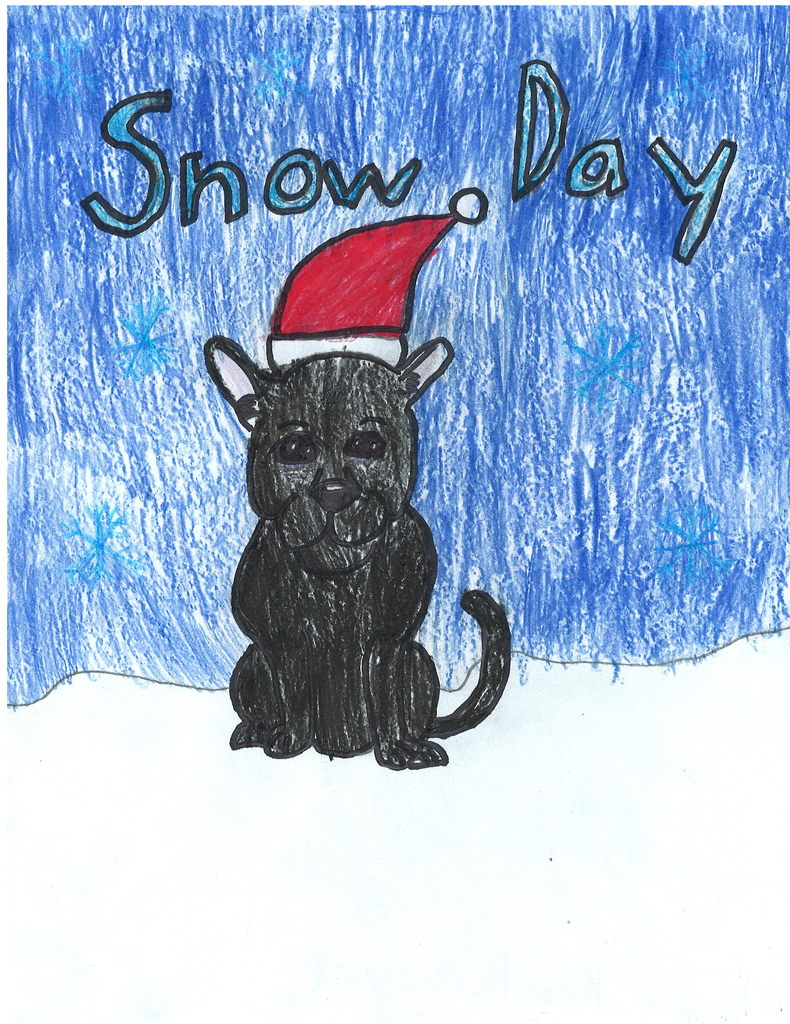 snow day graphic, panther with santa hat, with blue sky and white snow on ground.