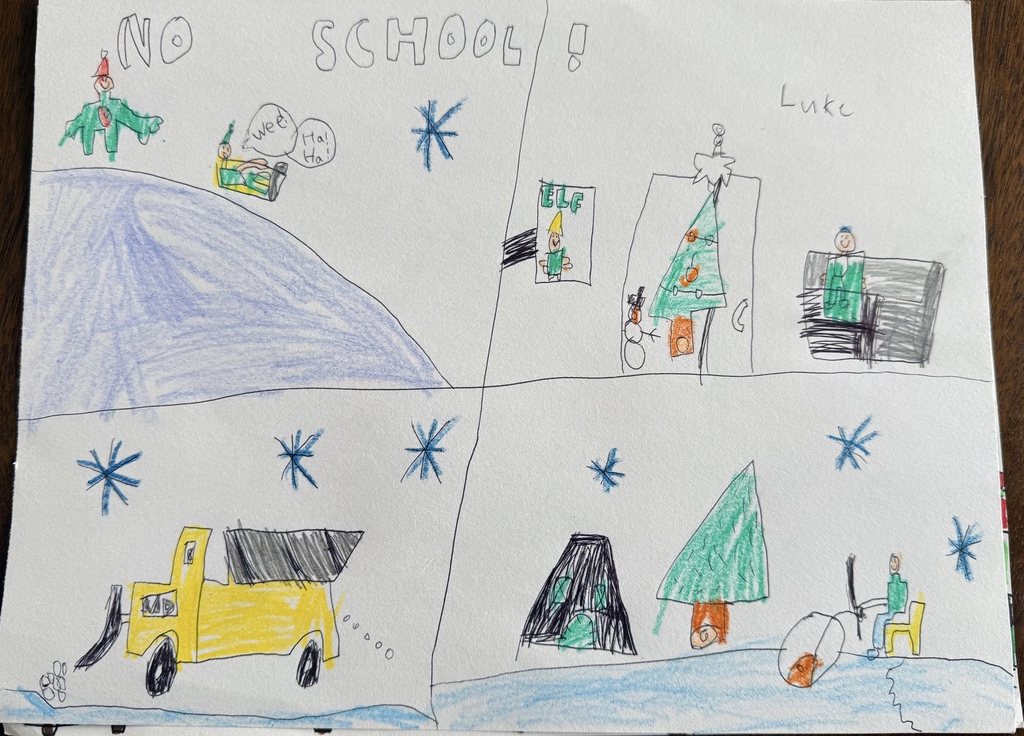 No school graphic, with 4 scenes of winter, snow plow, sledding, christmas tree