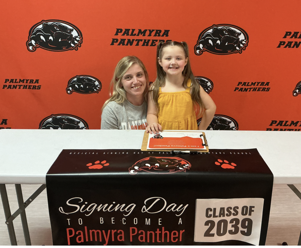 Palmyra Panther signing day Class of 2039, mom and student smiling