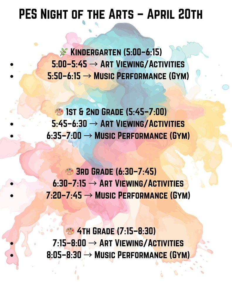 PES night of the arts - April 20th schedule of events