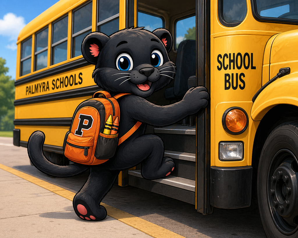 Cartoon panther climbing on to school bus
