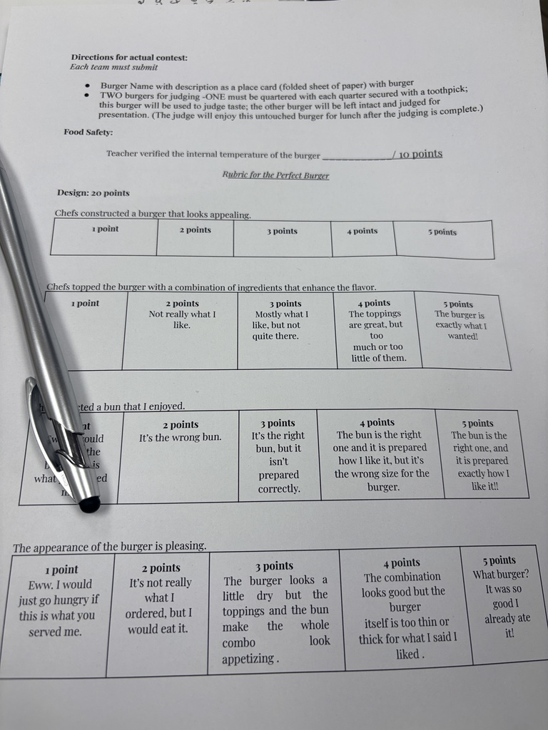 judging sheet used in Foods class for burger competition