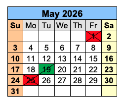 May 2026 calendar, no school May 1st, last day May 19th!