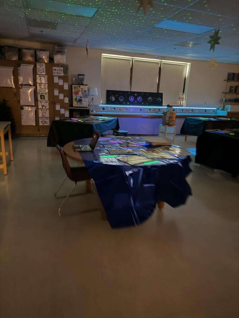 Science lesson on space at Palmyra Middle School, classroom dark with lights
