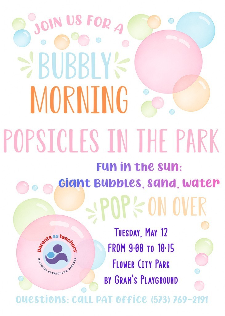 Join us for bubbly morning, Popsicles in the park. Tuesday, May 12, 9:00 - 10:15. Flower City Park