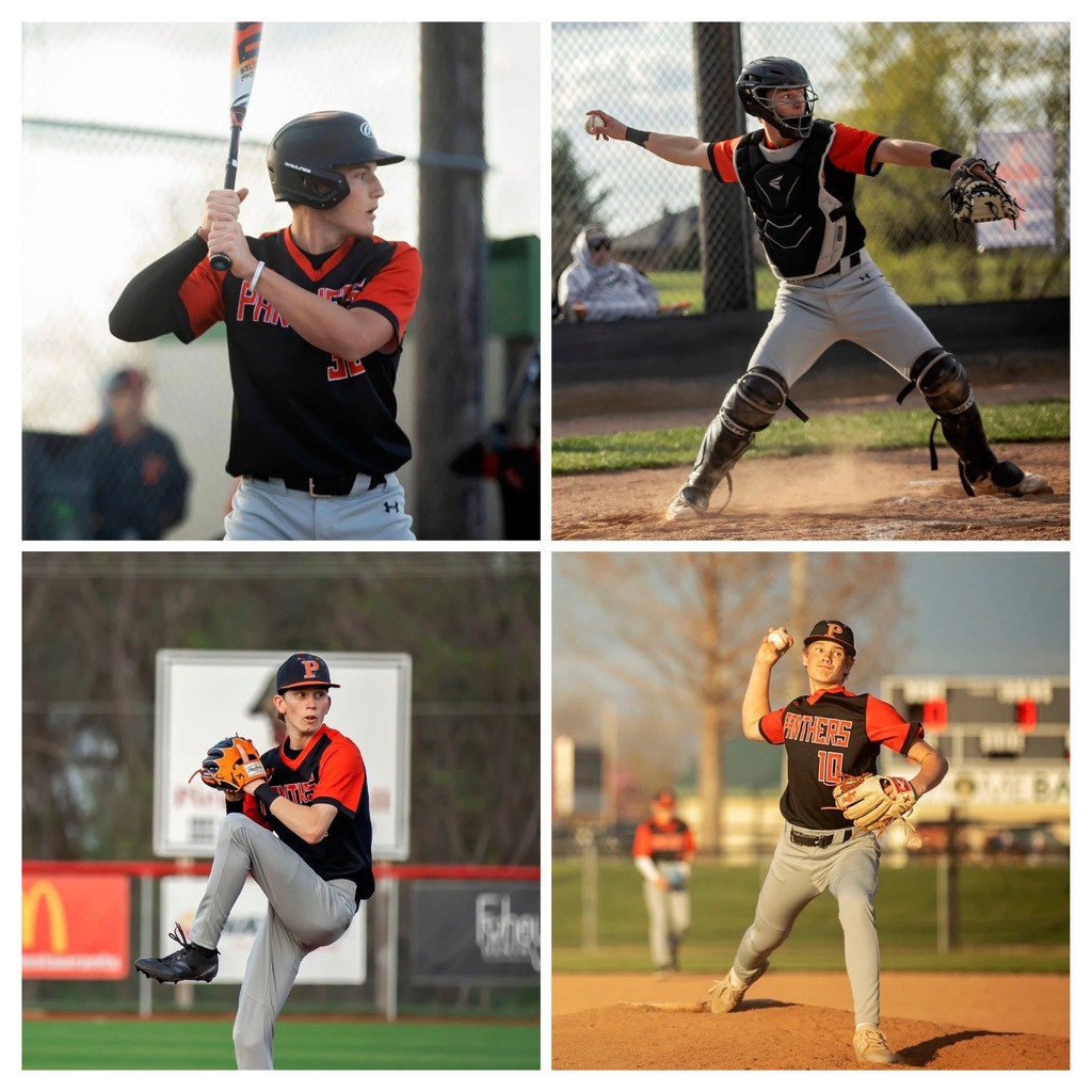 4 baseball players; 1 hitting, 1 catching, and 2 pitching