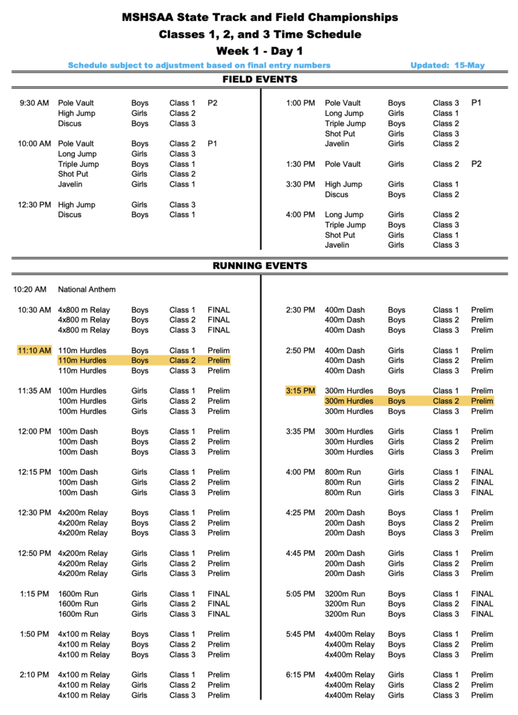 Day 1 schedule: state track and field championships