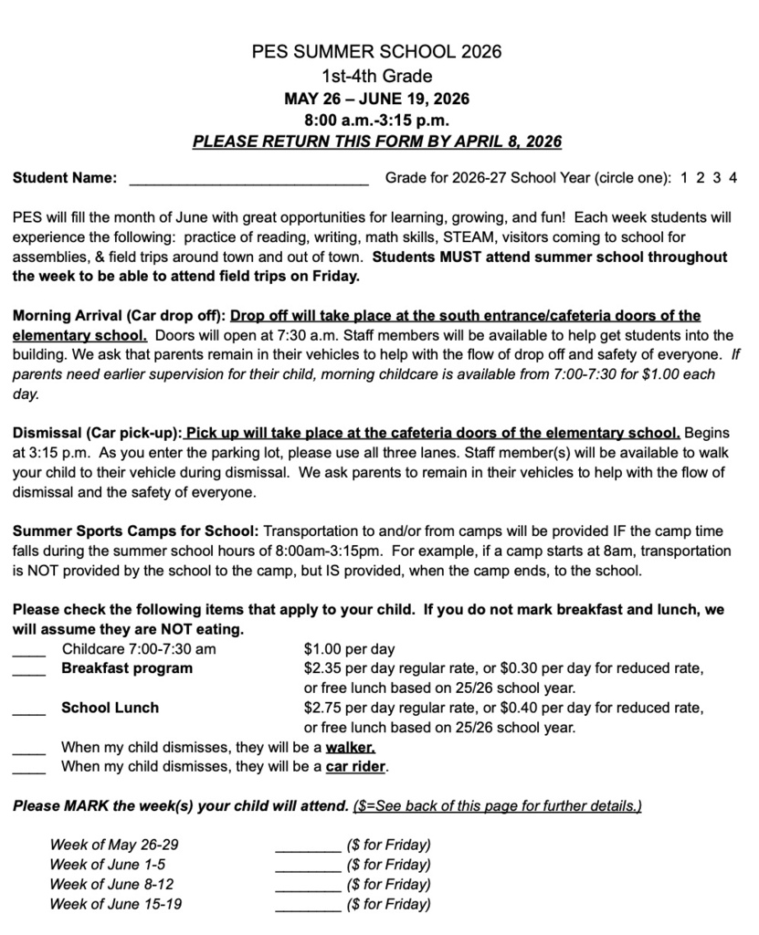 PES summer school enrollment form