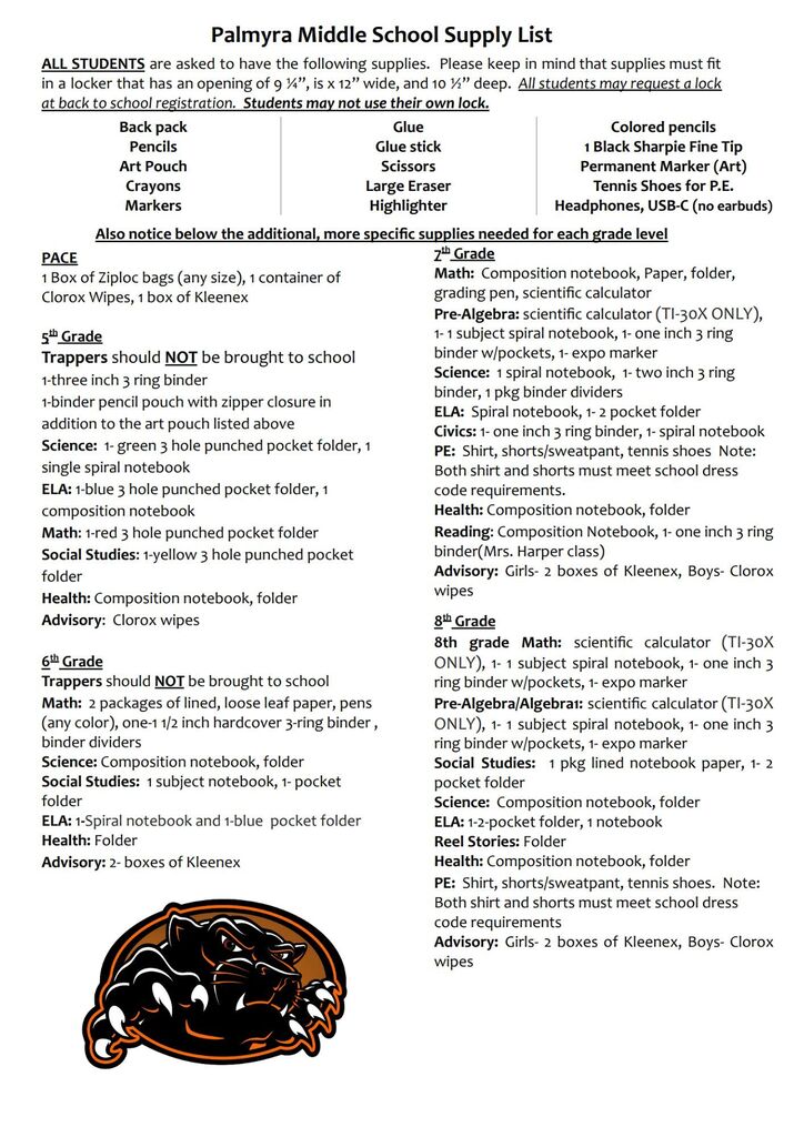 Palmyra Middle School supply list 2026 - 2027! 📚✏️