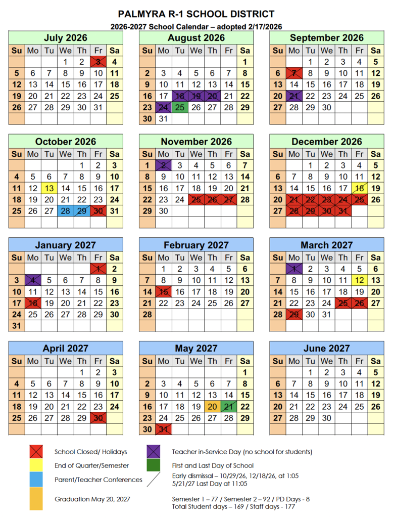 Palmyra R1 School Calendar 2026 2027