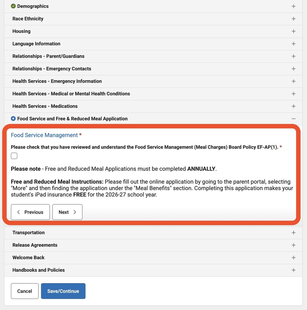 OLR Food Service ipad fee waiver