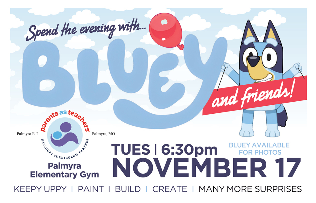 Spend the evening with Bluey adn Friends, Nov 17 at 6:30 pm in PES gym