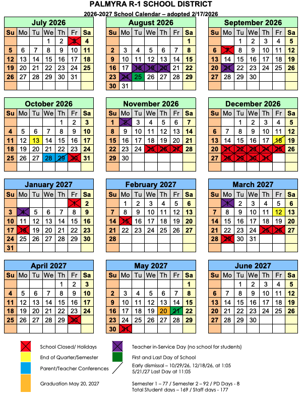 Palmyra R1 School Calendar 2026-2027