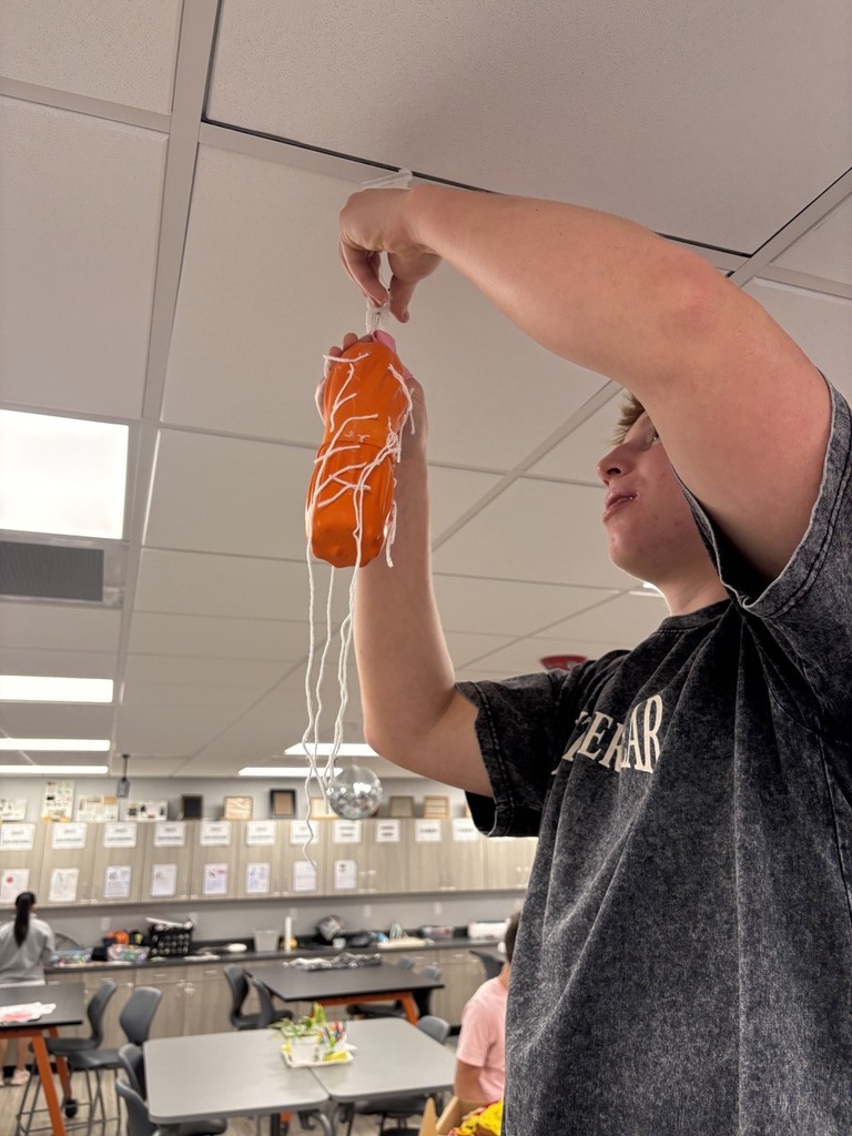 student hanging up a 3D model of foodborne pathogen